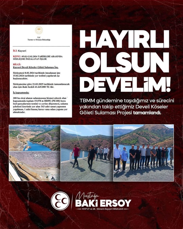 MHP'li vekil Ersoy, Develi'de 300 hektarlık sulama projesinin tamamlandığını açıkladı