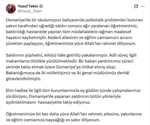 Bakan Tekin, saldırı sonucu hayatını kaybeden öğretmen için taziye mesajı yayımladı