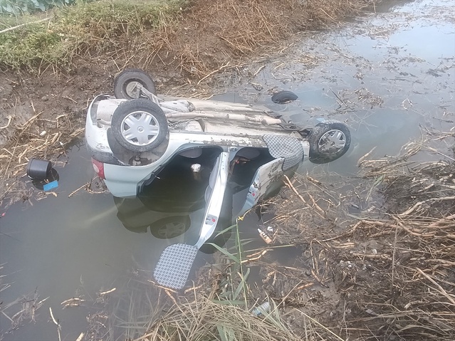 Sakarya Pamukova'da yabani hayvana çarpmamak için manevra yapan araç hendeğe devrildi