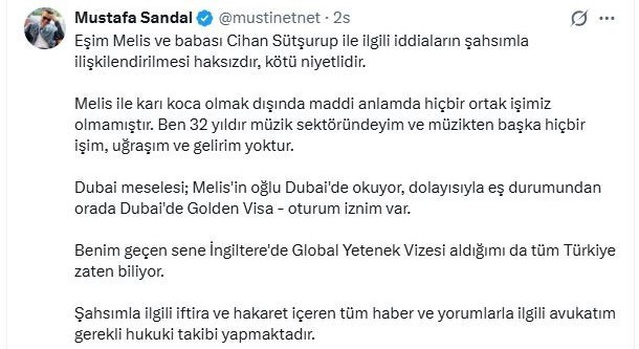 Mustafa Sandal, eşiyle anılan 11 milyar TL'lik fon iddialarına tepki gösterdi