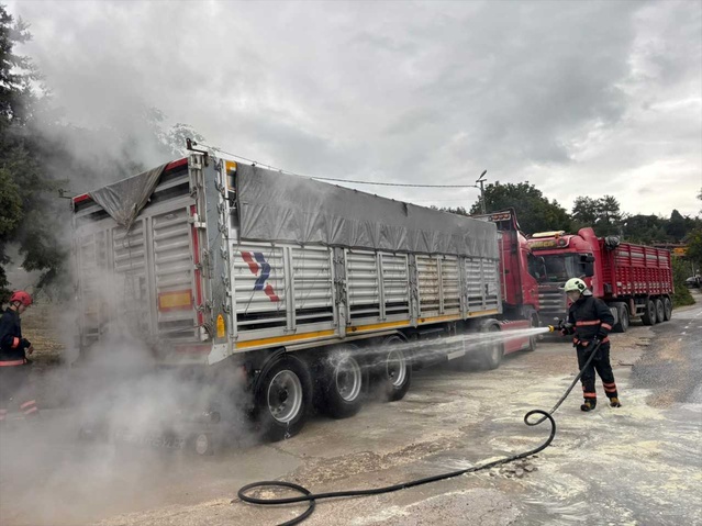 Sakarya Taraklı'da sürücünün ihbarıyla balata yangını dorseye sıçramadan söndürüldü