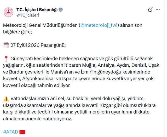 İçişleri Bakanlığı, 27 Eylül'de güneybatıda kuvvetli sağanak ve ani sele karşı uyardı