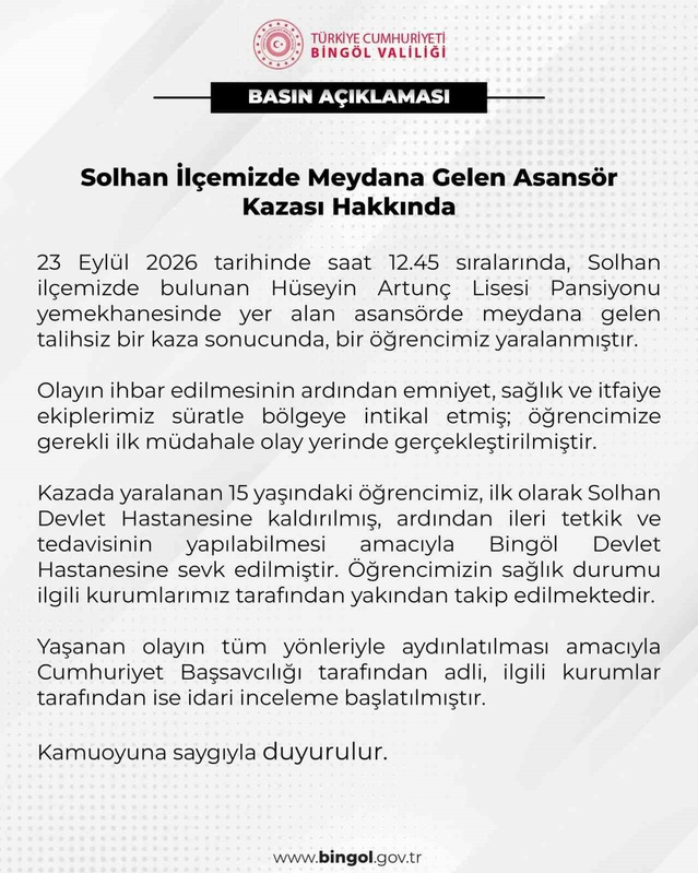 Bingöl Solhan'da okul pansiyonundaki asansör kazasında 15 yaşındaki öğrenci yaralandı