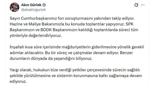 Bakan Gürlek, fon soruşturmasında SPK ve BDDK ile toplantı yapıldığını açıkladı
