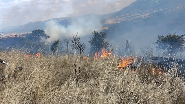Karabük Eskipazar'da otluk yangını helikopter ve su tankeriyle söndü, 5 dönüm yandı