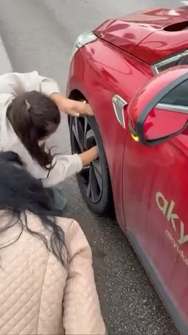 Bursa'da yola çıkan yavru kedi, sürücünün uğraşıyla aracın tekerleğinden kurtarıldı