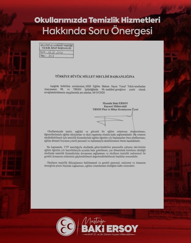 MHP'li Baki Ersoy, okul temizliğini TBMM'ye soru önergesiyle taşıdı