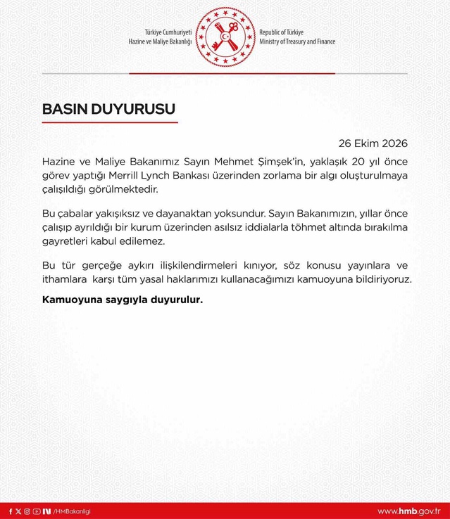 Hazine ve Maliye Bakanlığı, Şimşek'e dönük iddiaları kınadı ve yasal haklarını kullanacak