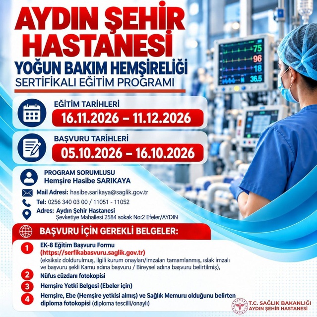 Aydın Şehir Hastanesi'nde yoğun bakım hemşireliği eğitimi 16 Kasım 2026'da başlıyor