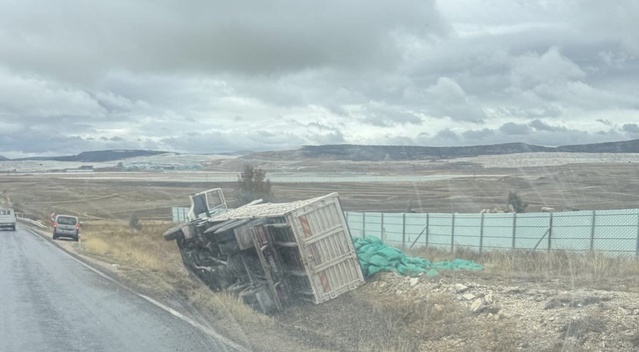 Eskişehir Seyitgazi'de kamyon şarampole devrildi, kasasındaki çuvallar saçıldı