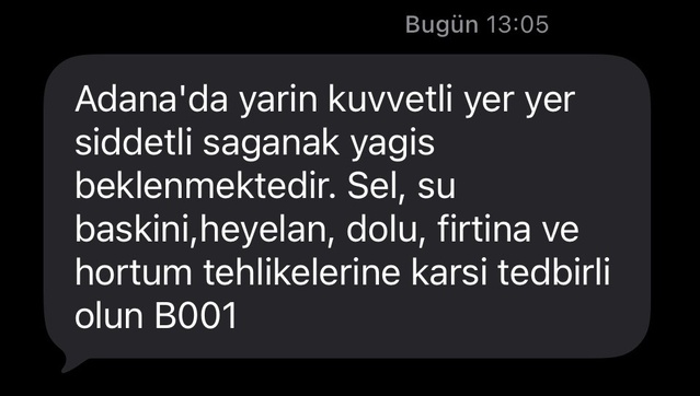 AFAD, Adana'da yarın beklenen sağanak için SMS ile sel ve su baskını uyarısı yaptı