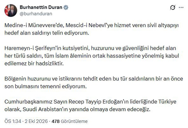 İletişim Başkanı Duran: Medine-i Münevvere'de sivil altyapıyı hedef alan saldırıyı telin ediyorum