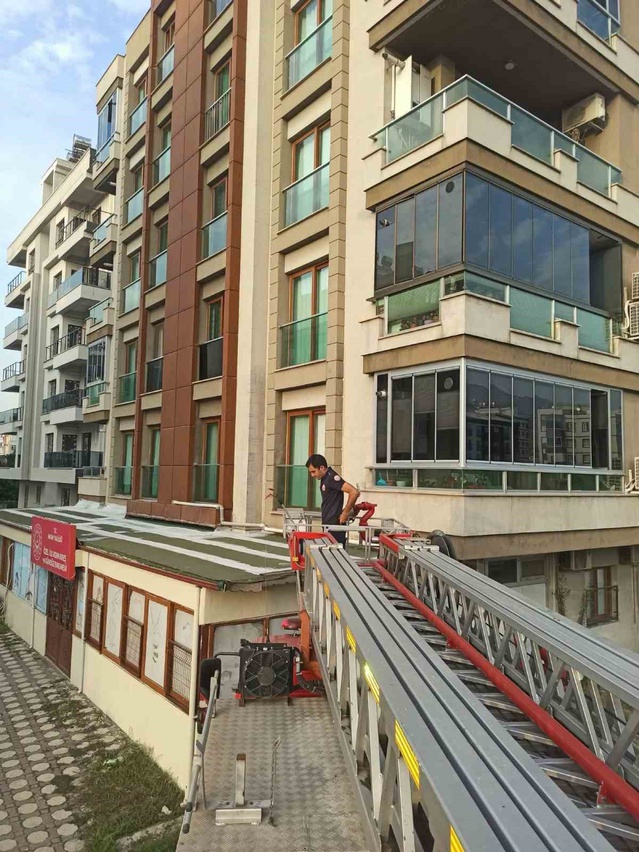 Güvercin Hatay Payas'ta balkon boşluğundan itfaiye ekiplerince kurtarıldı