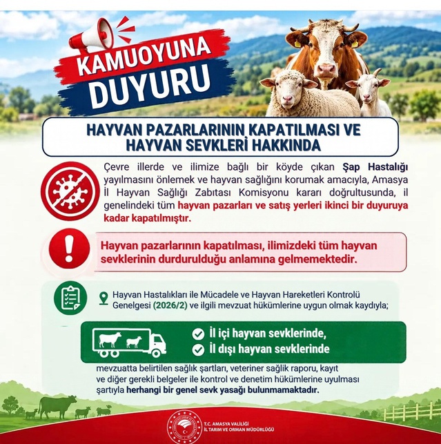 Amasya Valiliği şap nedeniyle hayvan pazarlarını ikinci duyuruya kadar kapattı