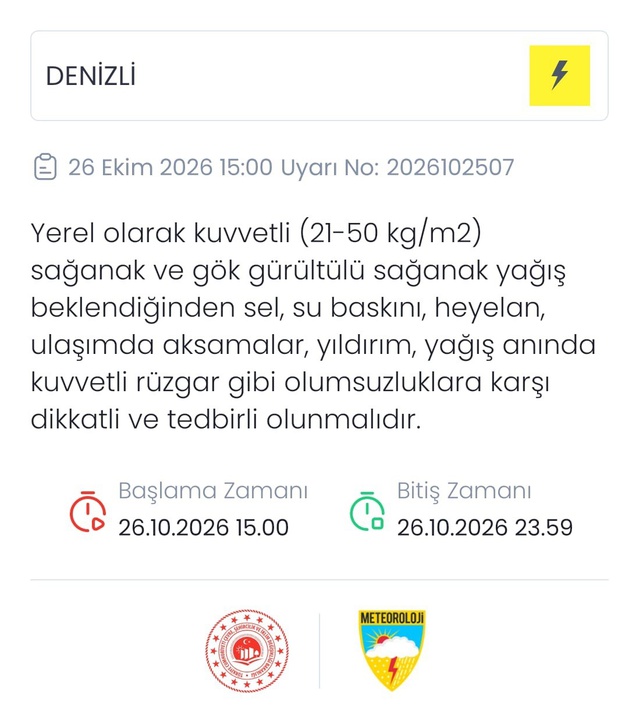 Denizli'de 26 Ekim'de kuvvetli sağanak bekleniyor, Meteoroloji Genel Müdürlüğü uyardı