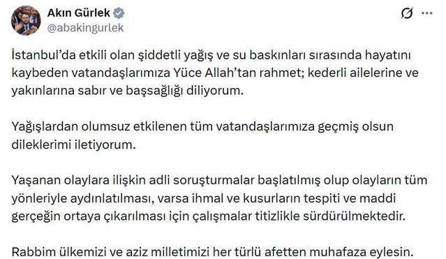 İstanbul'daki su baskınlarına adli soruşturma başlatıldığını Bakan Gürlek duyurdu