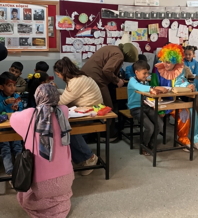 Erzincan'da gönüllü üniversiteliler köy okulu çocuklarına palyaçolu oyun günü yaşattı
