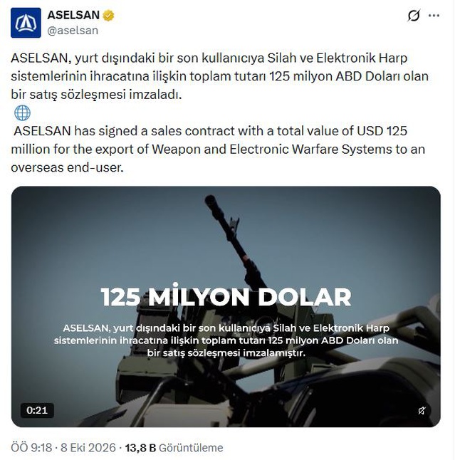 ASELSAN yurt dışındaki son kullanıcıya 125 milyon dolarlık ihracat anlaşması imzaladı