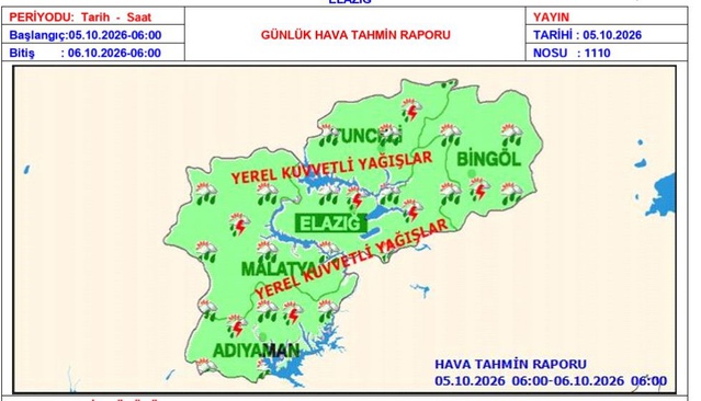 Meteoroloji 13. Bölge Müdürlüğü, Elazığ'da yer yer kuvvetli yağışa karşı uyardı