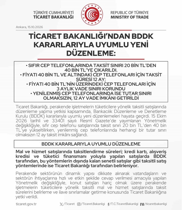 Sıfır cep telefonlarında taksit limiti 40 bin liraya yükseltildi