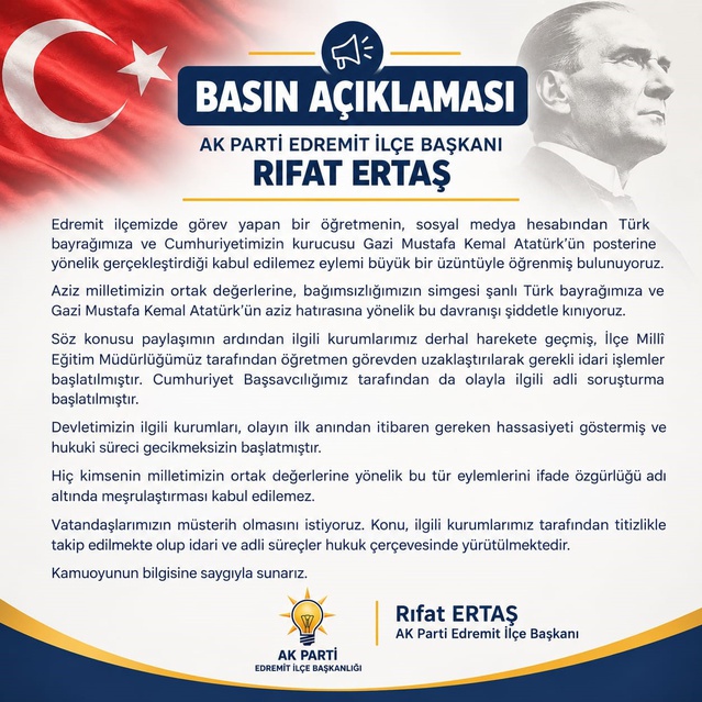 Edremit'te bayrak ve Atatürk posterine yönelik eyleme idari ve adli süreç başlatıldı