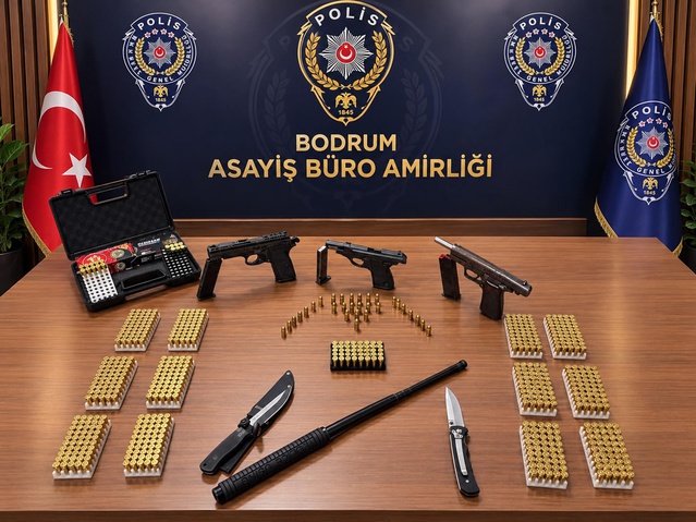 Muğla Bodrum'da 2 şüpheli, 3 ruhsatsız tabanca ve 697 mermiyle yakalandı.