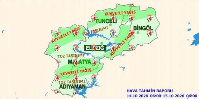 Meteoroloji 13. Bölge, Elazığ'ın doğu ve güneyinde kuvvetli yağış ve toz taşınımı uyardı
