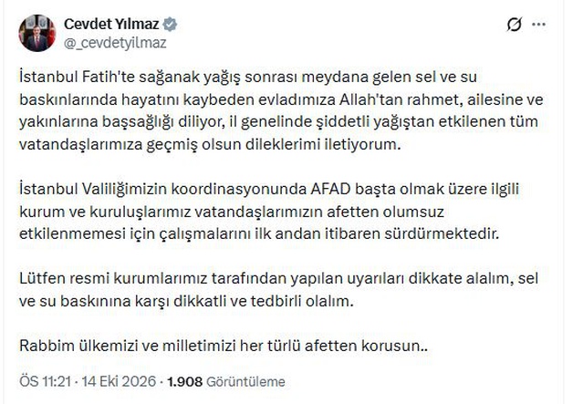 Cevdet Yılmaz, Fatih selinde hayatını kaybeden kişi için başsağlığı diledi