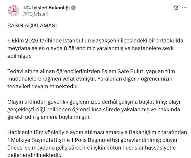 Başakşehir'de okulda yaralanan 8 öğrenciden 1'i hayatını kaybetti