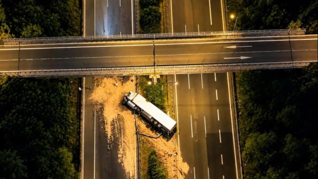 Otoyolda parfüm yüklü tır devrildi, çekicisi karşı şeride geçti