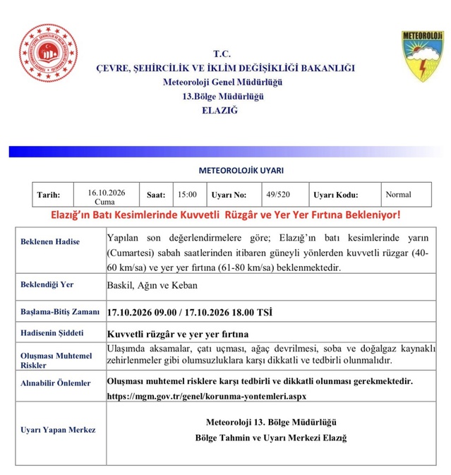 Meteoroloji 13. Bölge Müdürlüğü, Elazığ batısı için yarın rüzgar ve fırtına uyarısı yaptı