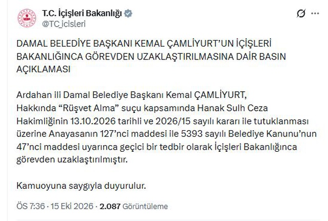 İçişleri Bakanlığı, rüşvetten tutuklanan Damal Belediye Başkanı Çamliyurt'u uzaklaştırdı