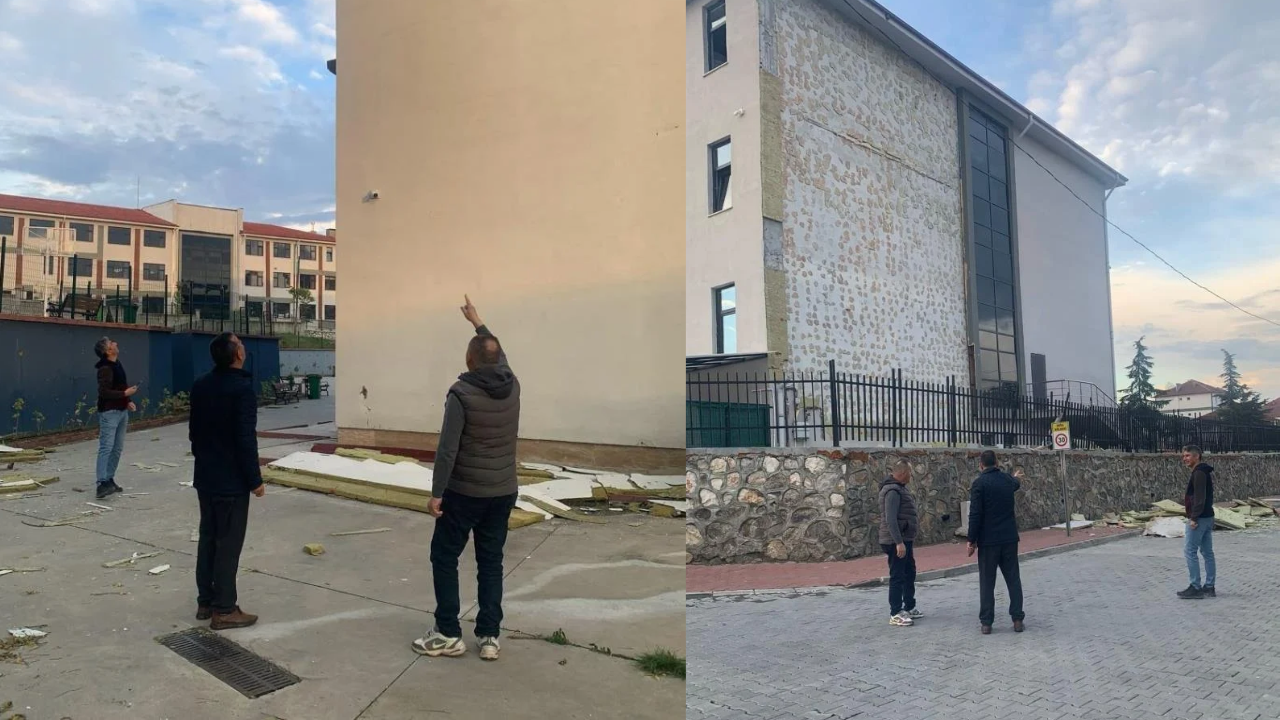 Fırtına okulun dış cephesine zarar verdi