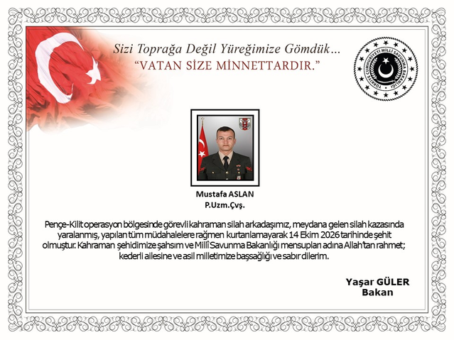 MSB: Piyade uzman çavuş Mustafa Aslan şehit oldu