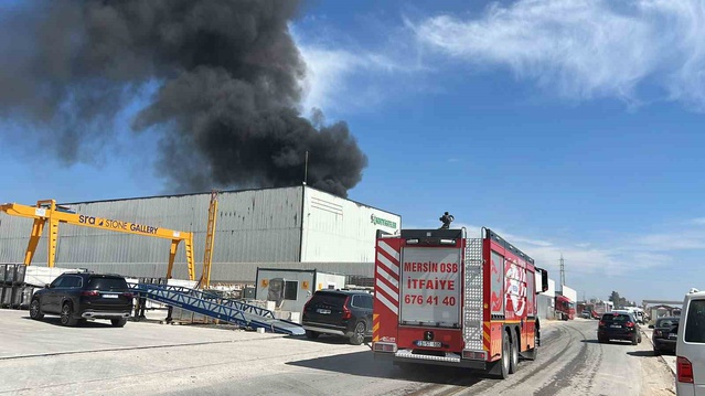 Mersin Akdeniz'de temizlik malzemesi fabrikasındaki yangına itfaiye müdahale ediyor