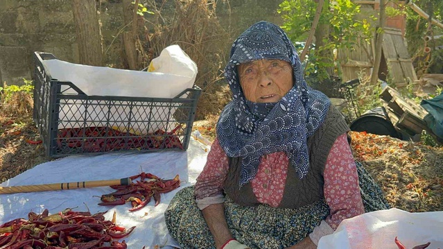 Karacabey'de 90 yaşındaki anne, oğlunun pul biber üretimine destek oluyor