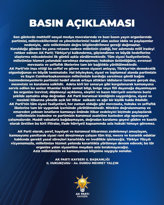 AK Parti Kayseri Hukukçusu, asılsız iddiaları itibar suikastı olarak nitelendirdi