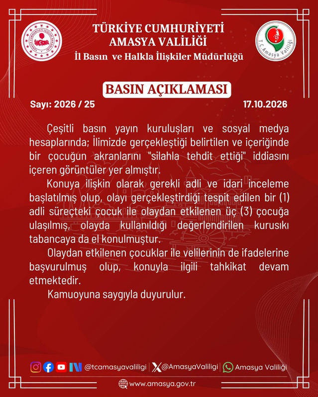 Amasya Valiliği, kurusıkı tabanca tehdidi görüntüleri üzerine inceleme başlattı