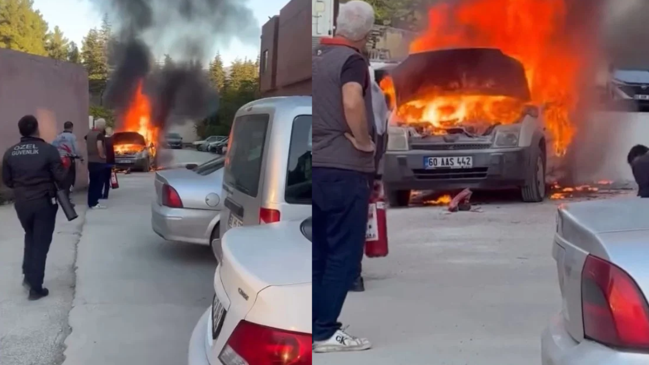 Hastane otoparkında otomobil alev aldı