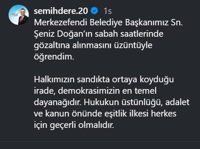 Çivril Belediye Başkanı Semih Dere, Şeniz Doğan'ın gözaltına alınmasına üzüldü
