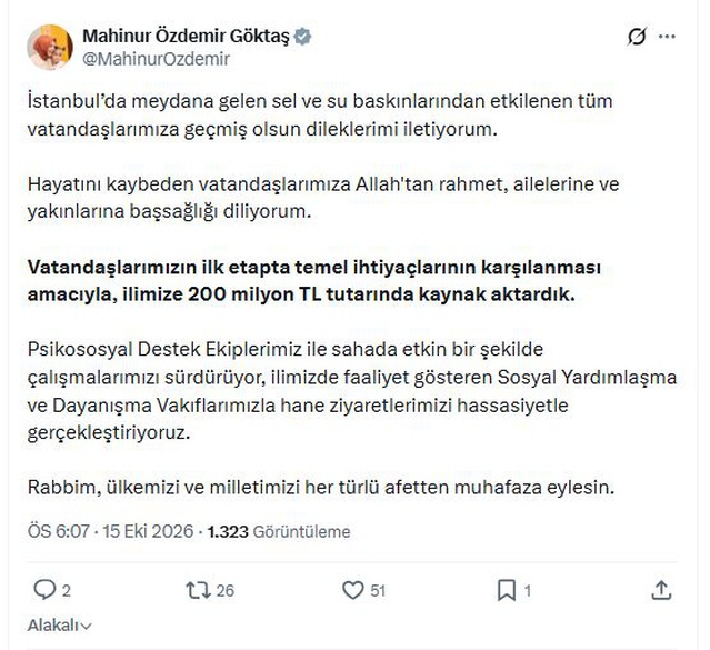 Göktaş, İstanbul seli mağdurlarına 200 milyon TL kaynak aktarıldığını bildirdi