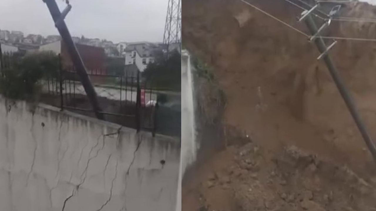 Sağanak sonrası dev istinat duvarı yıkıldı