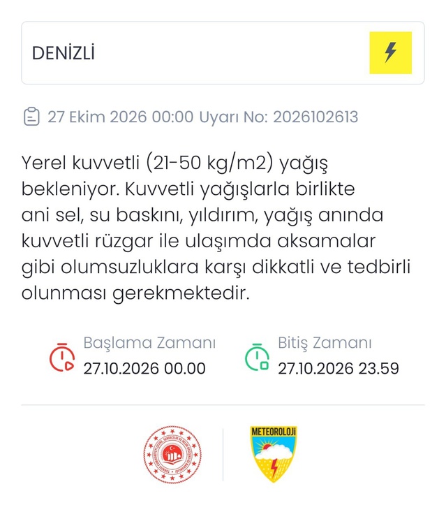 Denizli'de 27 Ekim'de kuvvetli sağanak bekleniyor, Meteoroloji ani sel uyarısı yaptı