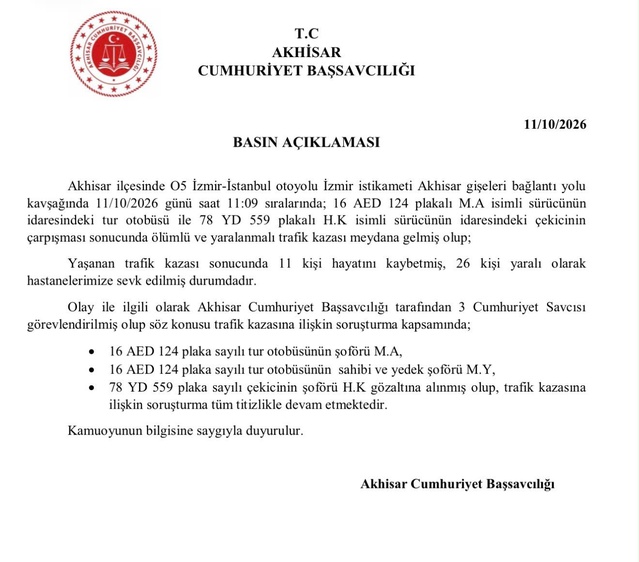Manisa Akhisar'da 11 kişinin öldüğü tur otobüsü kazasında 3 şüpheli gözaltına alındı