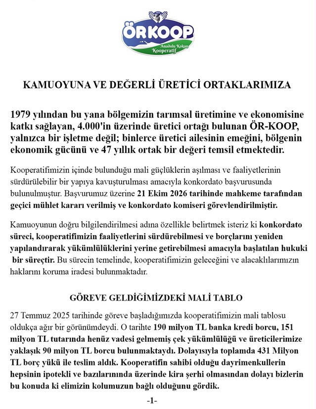 Aydın Nazilli'de 4 binin üzerinde ortaklı ÖR-KOOP'a geçici konkordato mühleti verildi