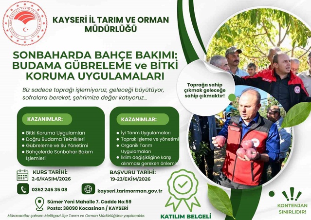 Kayseri'de üreticilere sonbahar bahçe bakımı eğitimi 2-6 Kasım'da verilecek