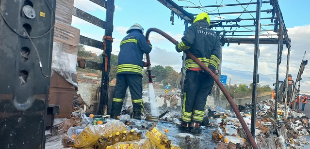 Bolu'da Anadolu Otoyolu'nda TIR dorsesinde çıkan yangında malzemeler tamamen yandı