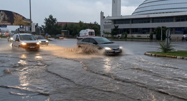 Erzincan'da sağanakta biriken yağmur suları bazı evlerin kapısına ulaştı