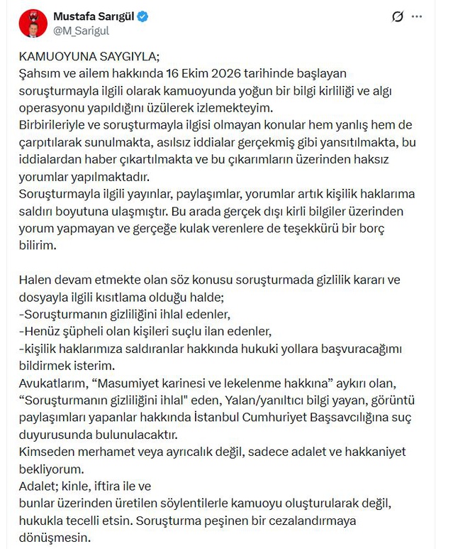 Sarıgül, soruşturma bitene kadar Yeni Parti üyeliğinin askıya alınması için başvuracak