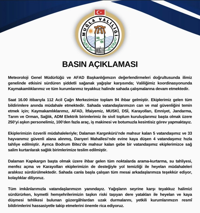 Muğla'da sağanakta 112'ye 94 ihbar geldi, Dalaman'da 5 kişi ve 33 hayvan kurtarıldı